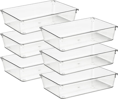 Ravinte Drawer Organizer Set - 6 Clear Plastic Storage Bins with Non-Slip Pads | 6" X 9" for Makeup, Jewelry, and More