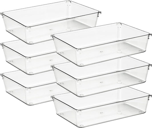 Ravinte Drawer Organizer Set - 6 Clear Plastic Storage Bins with Non-Slip Pads | 6" X 9" for Makeup, Jewelry, and More