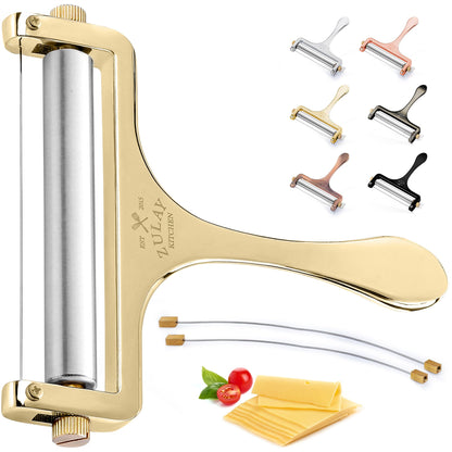 Zulay Cheese Slicer With Adjustable Thickness - Wire Cheese Slicer For Mozzarella Cheese, Cheddar Cheese, Gouda Cheese - Cheese Slicers For Block Cheese Heavy Duty With 2 Extra Wires (Gold)