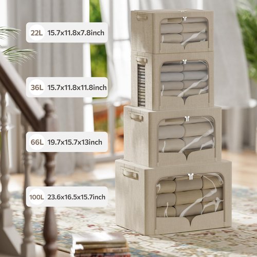 FHSQX Foldable Clothes Storage Bins - Stackable Linen Fabric Organizer Set with Clear Window | Beige, 15.7"x11.8"x11.8" (36L)