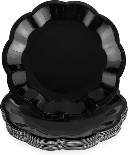 NatNarr 30 Pcs Black Paper Plates - 7 Inch Scalloped Disposable Dessert Plates for Parties & Events