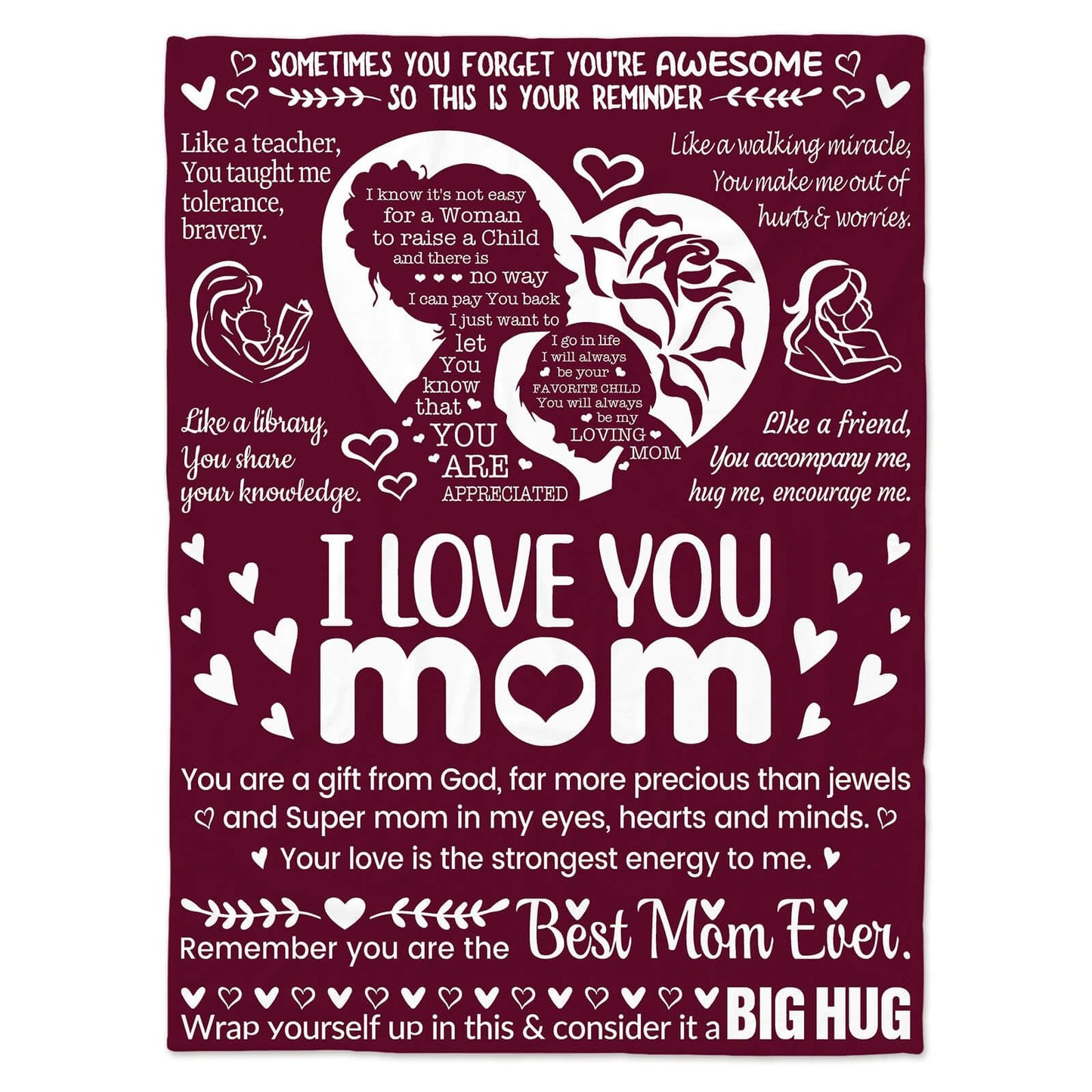 Mom Blankets for Mother from Daughter & Son,I Love You,Mom Blanket, Warm Soft Blankets for Dear Mom, Gifts for Mom Birthday50 x 70" (Burgundy)