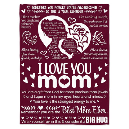 Mom Blankets for Mother from Daughter & Son,I Love You,Mom Blanket, Warm Soft Blankets for Dear Mom, Gifts for Mom Birthday50 x 70" (Burgundy)