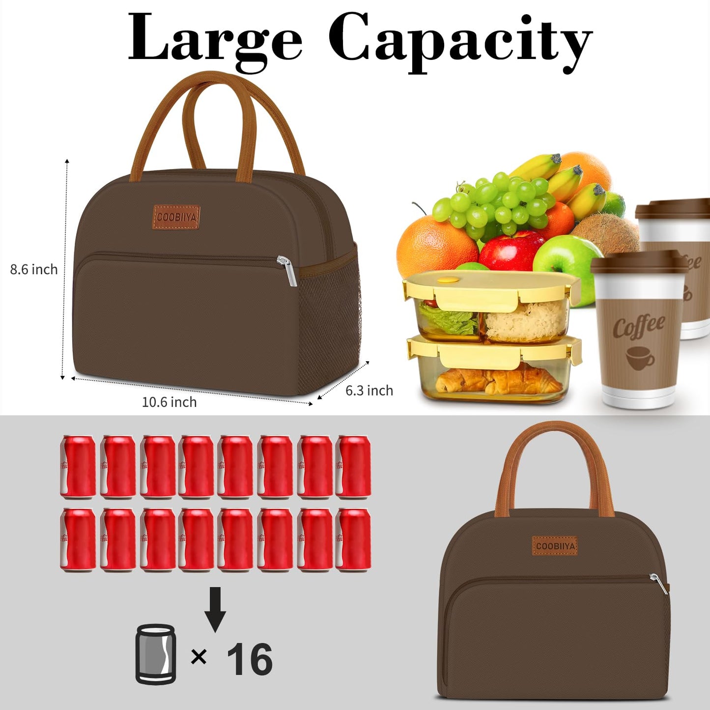 Coobiiya Lunch Bag Women, Lunch Box Lunch Bag for Women Adult Men, Small Leakproof Cute Lunch Tote Large Capacity Reusable Insulated Cooler Lunch Container for Work/Office/Picnic/Travel-Brown