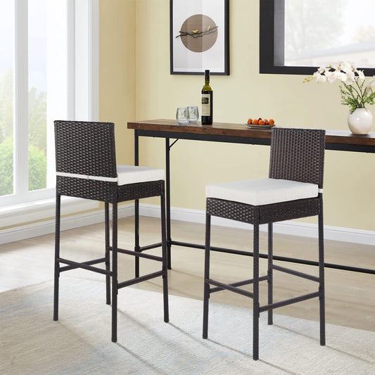 PayLessHere Rattan Bar Stools - Set of 2 Outdoor Wicker Chairs with Backrest & Cushion, Brown