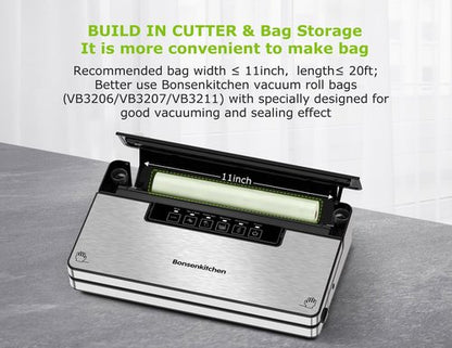Bonsenkitchen Vacuum Sealer - Stainless Steel Food Sealer with 5 Modes & Built-in Cutter | Silver Black