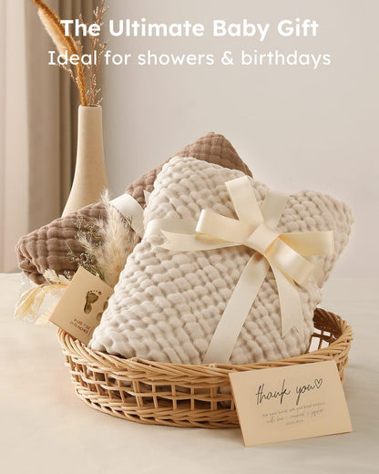 Yoofoss Hooded Baby Towels - 100% Muslin Organic Cotton Bath Towels for Newborns | 32x32 Inch, Soft & Absorbent, Beige & Coffee (2 Pack)