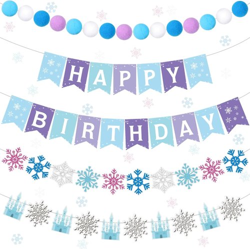 Fanfanwin Snowflake Birthday Banner Set - 5 Pcs Blue Snowflake Design with Felt Castle Decorations