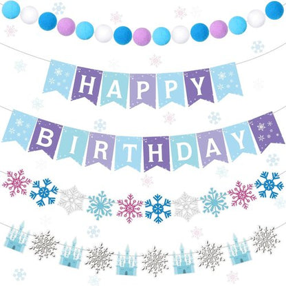 Fanfanwin Snowflake Birthday Banner Set - 5 Pcs Blue Snowflake Design with Felt Castle Decorations