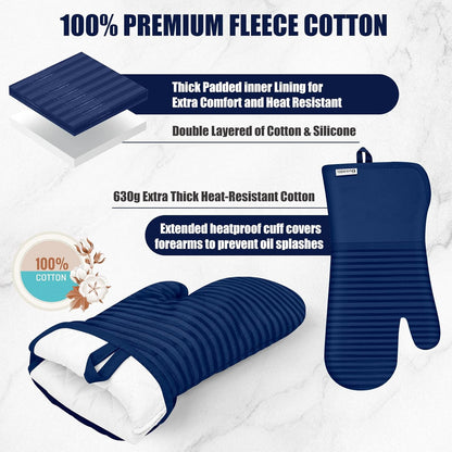 Skiennix Oven Mitts and Pot Holder Set - 500°F Heat Resistant Silicone Grip | 6 Pack Cotton Dish Towels - Marine Blue Kitchen Essentials