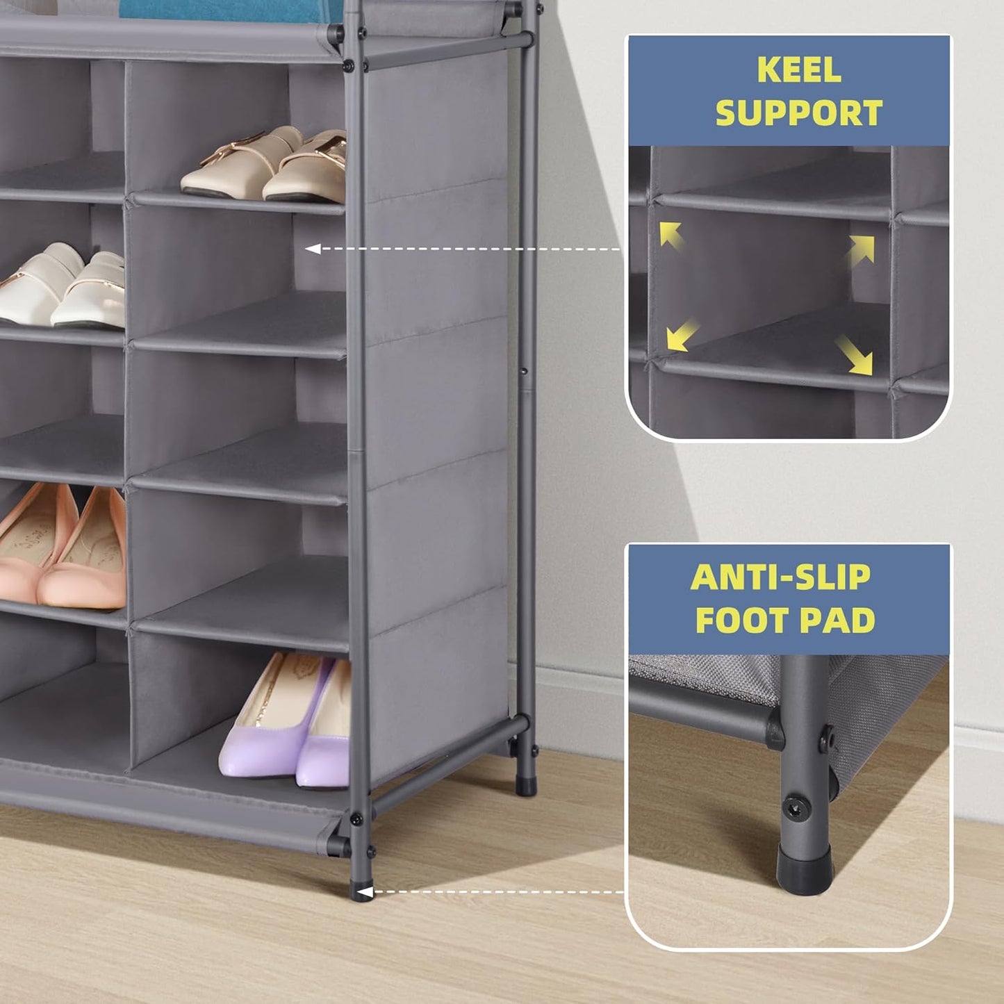 Storage Maniac Stackable Shoe Cubby Organizer - 20-Cube Free Standing Shoe Rack in Gray for Entryway & Bedroom