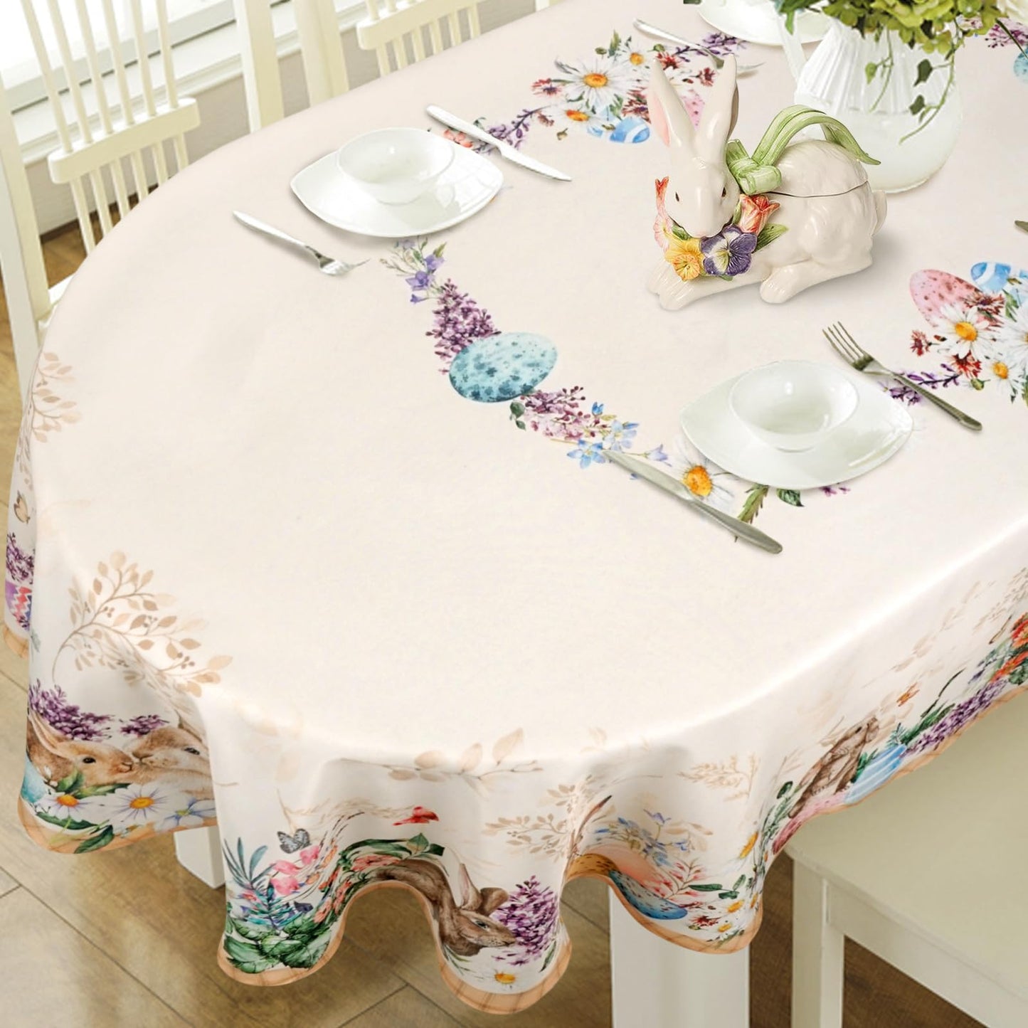 uwdfnwuif Easter Oval Tablecloth 60" x 120" Waterproof Fabric Spring Easter Bunny Table Cloths for Indoor Outdoor Kitchen Dining