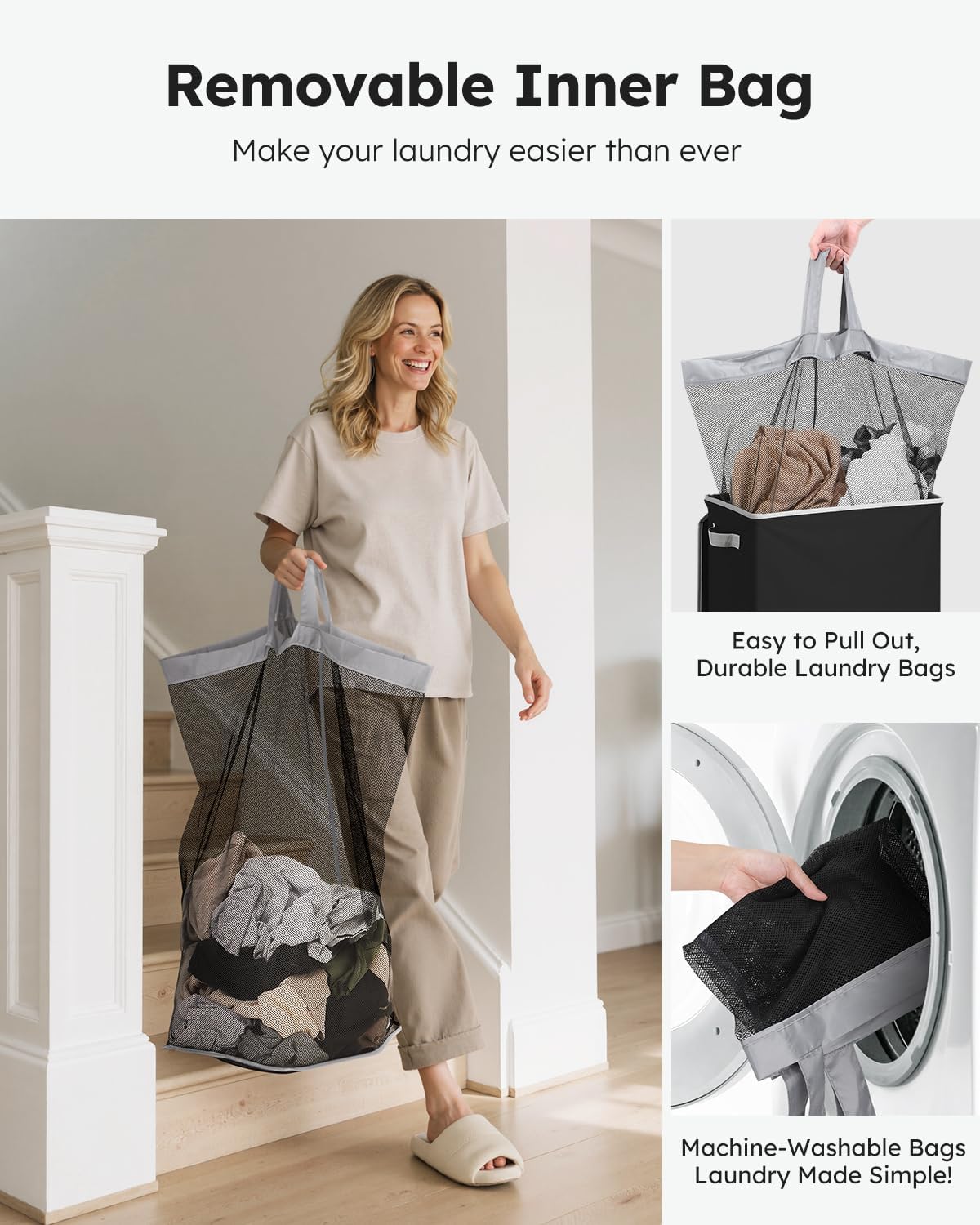SOLEDI Laundry Hamper - 100L Black Collapsible Basket with Lid & Removable Bag for Clothes Storage