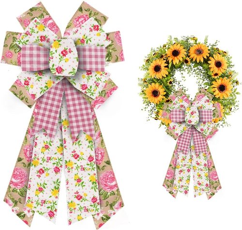 Estivaux Large Spring Flowers Bow - Pink Buffalo Plaid & Natural Burlap | Perfect for Wreaths & Decorations