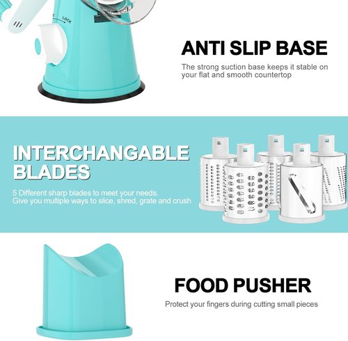Cambom Rotary Cheese Grater - Hand Crank Shredder for Fresh Cheese, Veggies & Nuts | Non-Slip Base, 5 Blades, Blue