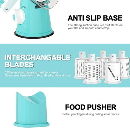 Cambom Rotary Cheese Grater - Hand Crank Shredder for Fresh Cheese, Veggies & Nuts | Non-Slip Base, 5 Blades, Blue