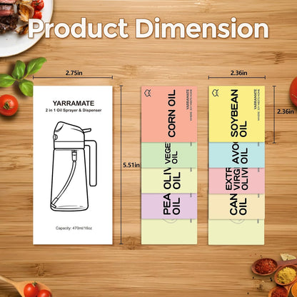 YARRAMATE Glass Olive Oil Sprayer - 16oz with 10 Color Labels for Easy Identification
