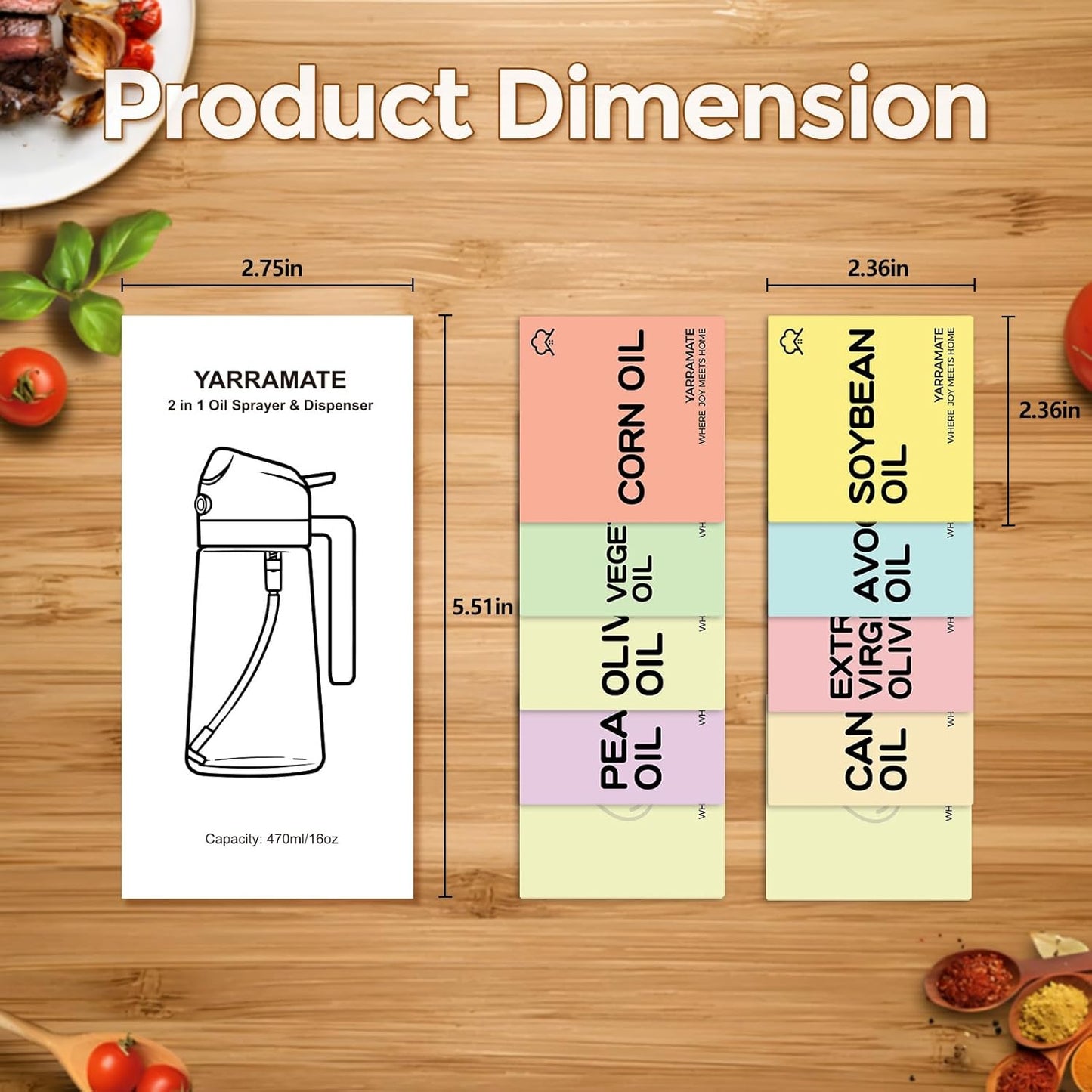 YARRAMATE Glass Olive Oil Sprayer - 16oz with 10 Color Labels | Sleek Black Design