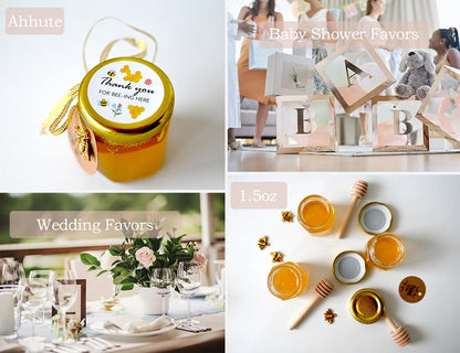 Small Honey Jar, Mini Honey Jars with Dipper, Glass Honey Pot Baby Shower Favors, Party Favors & Wedding Favors, Hexagon Honey Container w/ Lid, Bee Charms, Fabric Ribbons and Bags, 60 Pack 1.5oz