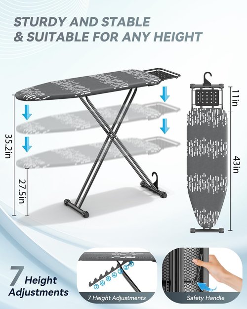 Ironing Board by [Brand Name] - Full Size 54"x13" | Adjustable Height, Foldable Design with Heat-Resistant Cover & Ultra Thick Padding - Sturdy & Space-Saving (Grey)