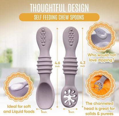 HippoBaby Silicone Baby Utensils Set - 4-Piece Self-Feeding Spoons & Fork for 6-12 Months - BPA Free, Dishwasher Safe (Light Pink/Army Green)