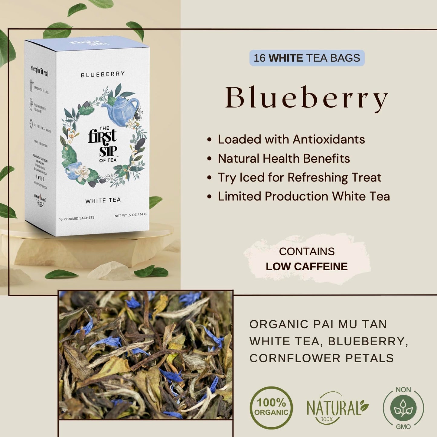 The Spice Hut Blueberry White Tea Box, 16 Tea Bags, The First Sip Of Tea