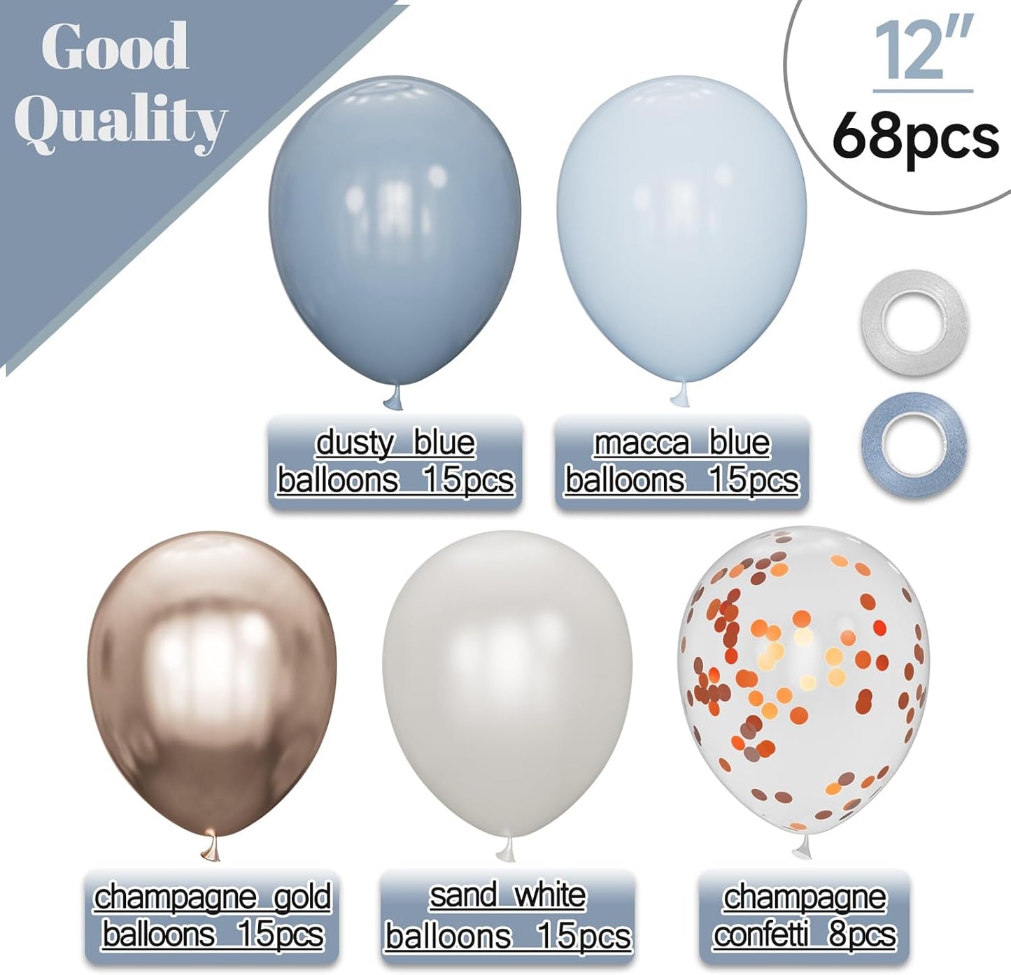 Skiennix 68Pcs Dusty Blue & Champagne Gold Balloons - 12 Inch Pastel Confetti for Baby Showers & Weddings