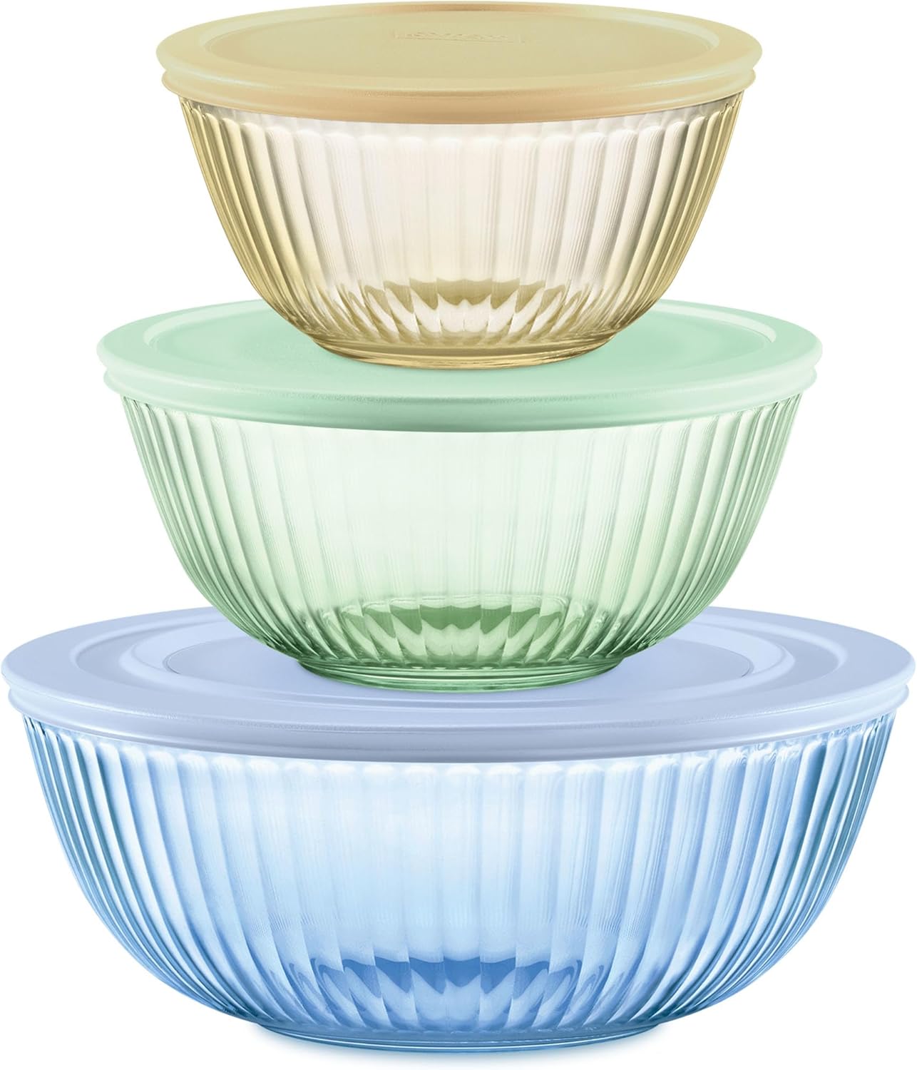 Pyrex Colors Tinted Mixing Bowls Set - Sculpted Glass with Plastic Lids | 3-Pack Nesting Bowls (1.3QT, 2.3QT, 4.5QT)