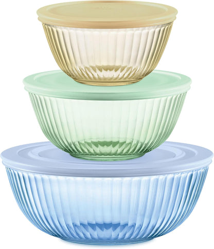 Pyrex Colors Tinted Mixing Bowls Set - Sculpted Glass with Plastic Lids | 3-Pack Nesting Bowls (1.3QT, 2.3QT, 4.5QT)