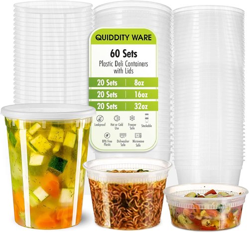 Deli Containers | Leakproof Lids - 60 Sets of BPA-Free Plastic Food Storage (8oz, 16oz, 32oz)