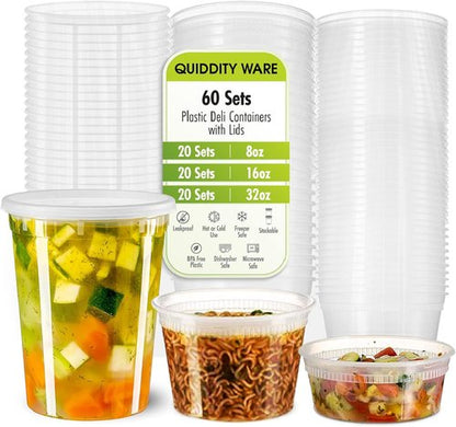 Deli Containers | Leakproof Lids - 60 Sets of BPA-Free Plastic Food Storage (8oz, 16oz, 32oz)