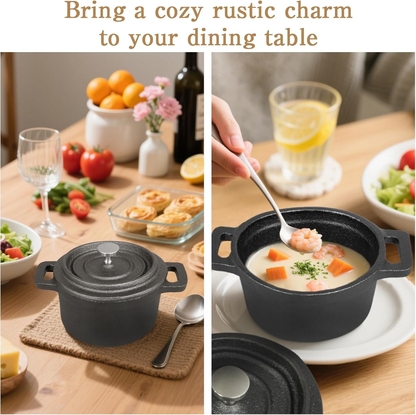 Skiennix Mini Dutch Oven - 6 Pcs Round Cast Iron Cocotte Pots with Lids & Dual Handles - 8 oz Black