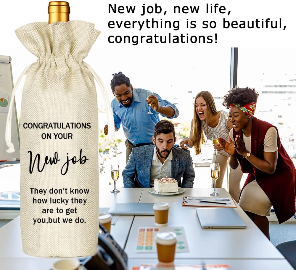 Socive New Job Wine Gifts Bag, New Job Gifts, Leaving Gift, New Job Gifrs for Colleague, Coworker, Boss, Friends, Burlap Drawstring Wine Bag - Congratulations New Job