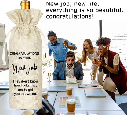 Socive New Job Wine Gifts Bag, New Job Gifts, Leaving Gift, New Job Gifrs for Colleague, Coworker, Boss, Friends, Burlap Drawstring Wine Bag - Congratulations New Job