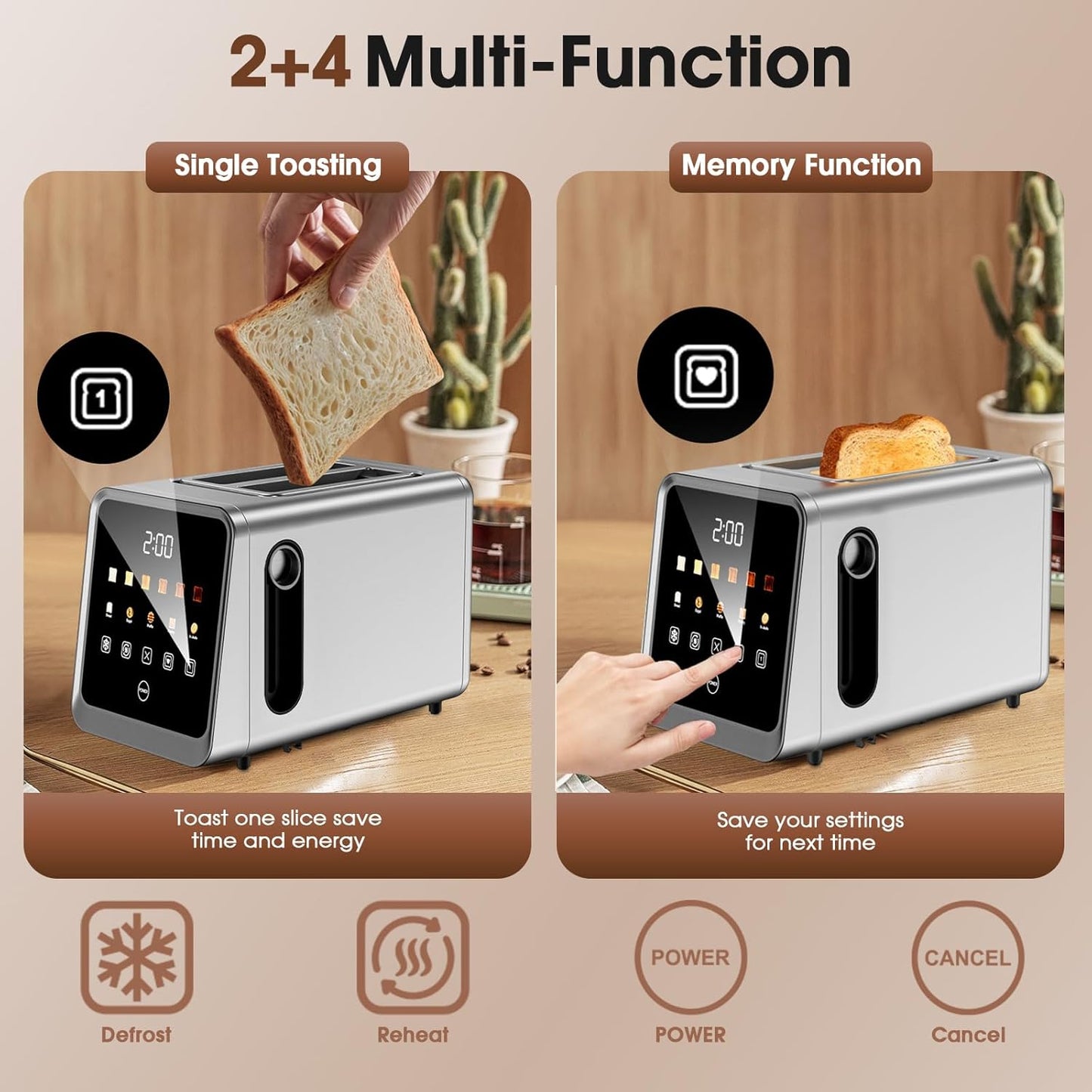 Skiennix Touch Screen Toaster - 2 Slice Stainless Steel Smart Toaster with Memory Function & 6 Shade Settings