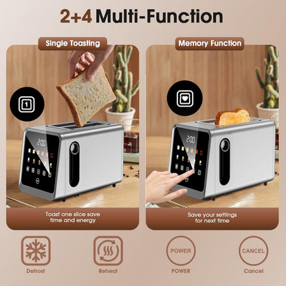Skiennix Touch Screen Toaster - 2 Slice Stainless Steel Smart Toaster with Memory Function & 6 Shade Settings