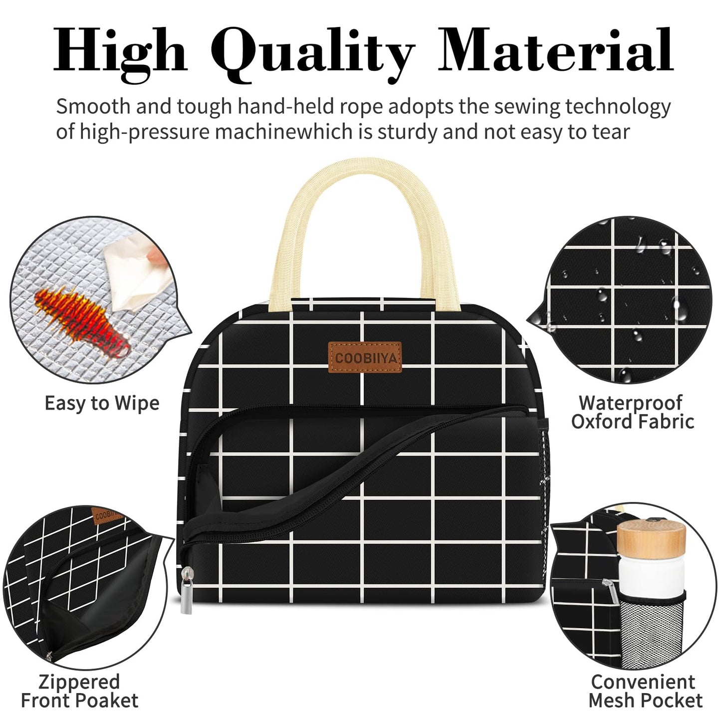 Coobiiya Lunch Bag Women, Lunch Box Lunch Bag for Women Adult Men, Small Leakproof Cute Lunch Tote Large Capacity Reusable Insulated Cooler Lunch Container for Work/Office/Picnic/Travel-Black Plaid