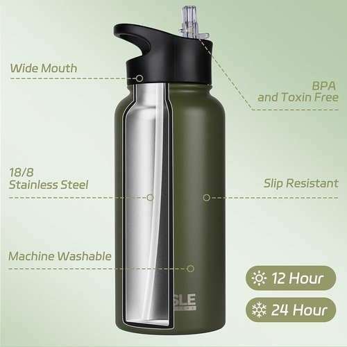 HASLE OUTFITTERS 32 oz Insulated Stainless Steel Water Bottle - Double Walled with 2 Lids for Gym & Hiking (Army Green)