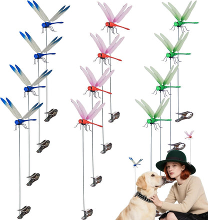 Skiennix 3D Dragonfly Clips - Decorative Garden Stakes | Fly Deterrent Hat Clips (12 Pcs)