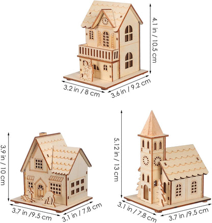 NUOBESTY Christmas Wood Village Ornaments - 3pcs LED Luminous Houses for Festive Decor | Light Brown
