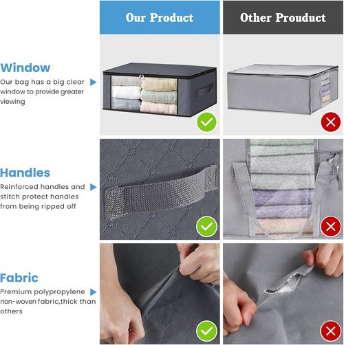 HomeHacks Clothes Organizer Storage Bags - Foldable 35L Box with Clear Window & Sturdy Handles | Gray