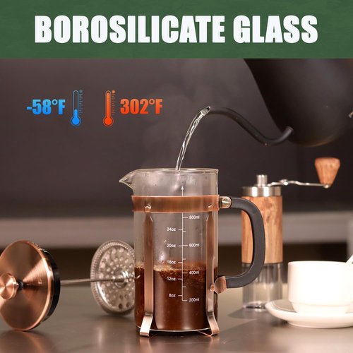 French Press Coffee Maker - 21 Ounce Stainless Steel & Borosilicate Glass - Perfect for Cold Brew & Espresso