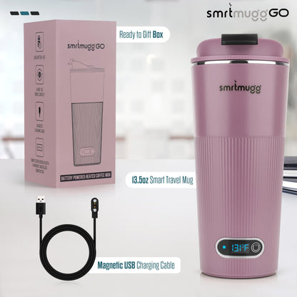 SMRTMUGG GO Heated Coffee Mug, Travel Mug, 13.5 OZ. Smart Mug, Battery Powered Heated Coffee Mug, Great for Coffee and Tea, Snap on Magnetic Charging Cord, New and Improved (Lilac)