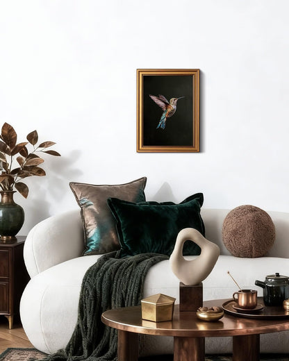 VIYYIEA Gold Framed Canvas Wall Art - Dark Hummingbird Photo Print for Living Room & Bedroom | 12x16 Inch