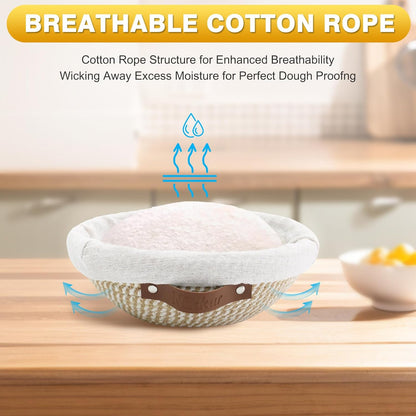 Nikkar Banneton Bread Proofing Basket Set - Round & Oval Cotton Rope Bowls, 9-11 Inches for Sourdough Baking