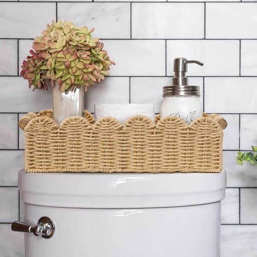 CubesLand Scalloped Edge Toilet Paper Storage Basket - Cozy Beige Home Decor with 2 Wooden Handles