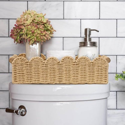 CubesLand Scalloped Edge Toilet Paper Storage Basket - Cozy Beige Home Decor with 2 Wooden Handles