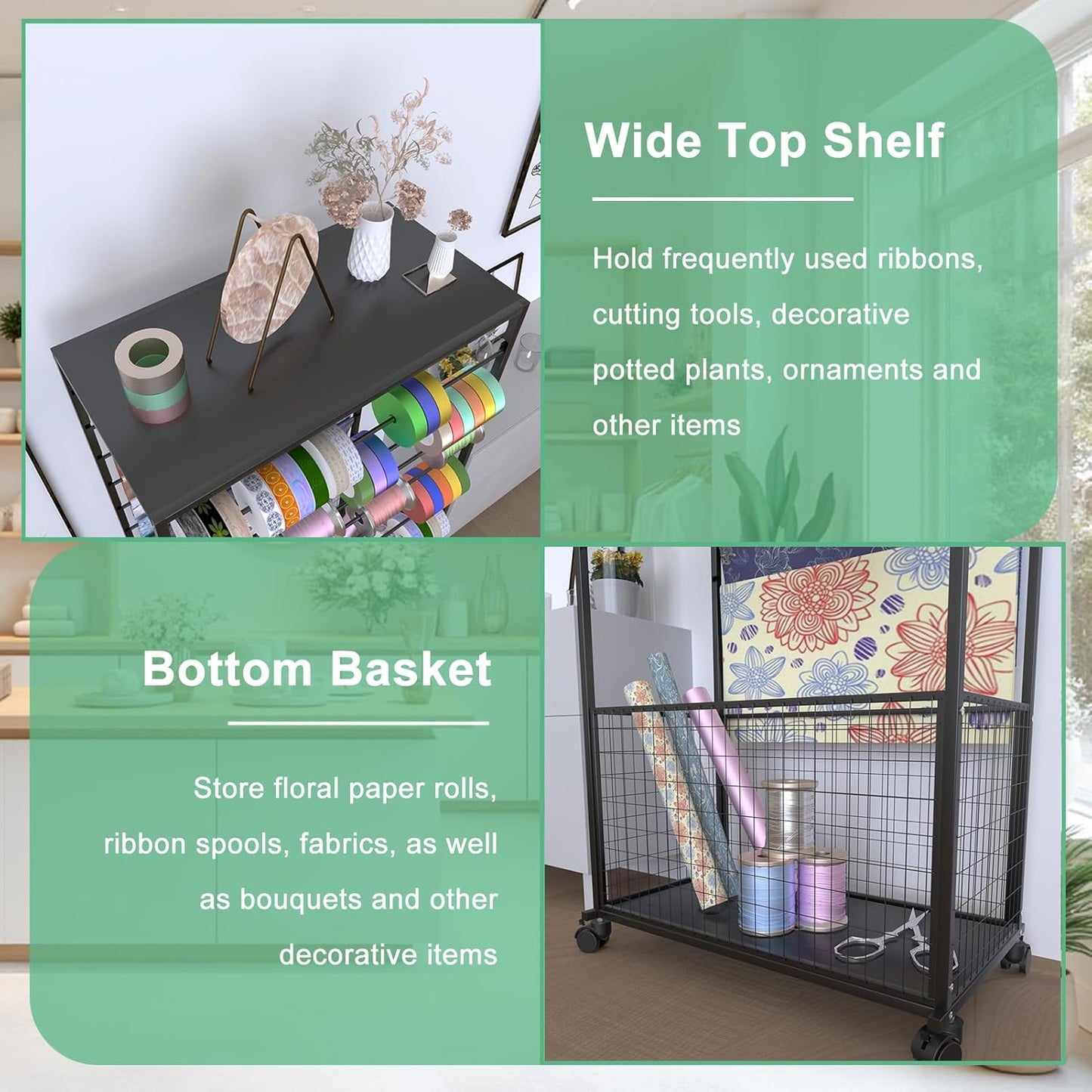 Skiennix 16-Tier Ribbon Organizer Rack - Double-Sided Craft Storage with Wheels | Metal Display Shelf