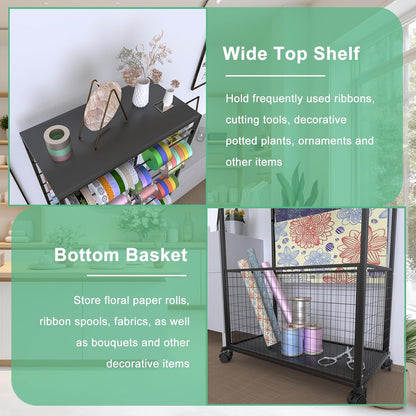 Skiennix 16-Tier Ribbon Organizer Rack - Double-Sided Craft Storage with Wheels | Metal Display Shelf