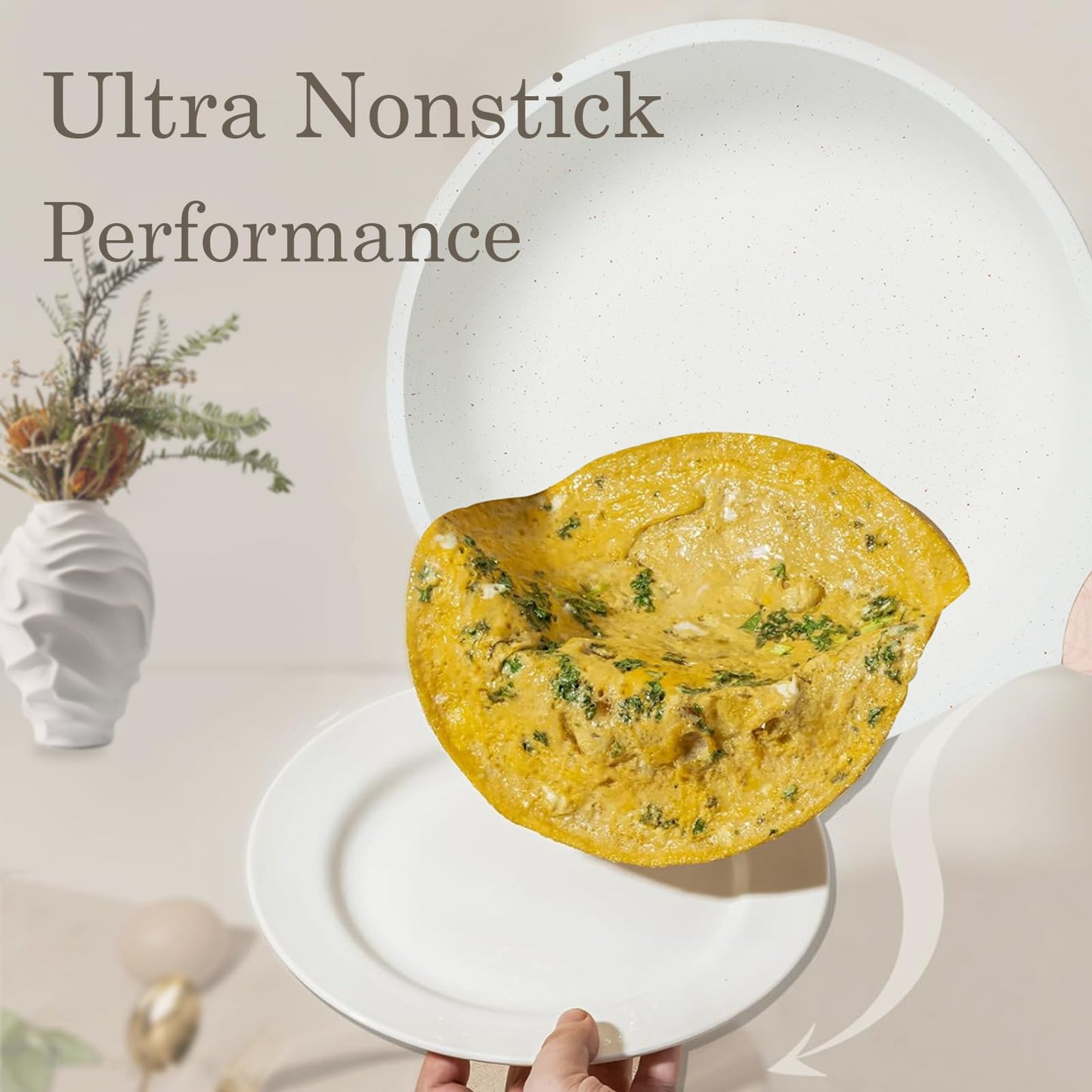 Ucclife 10pcs Pots and Pans Set Nonstick, Granite Frying Pans Induction Kitchen Cookware Sets, with Wood Print Handles Frying Pans, Saucepans, Steamer Shovel Spoon, Beige